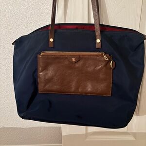 Boulevard Navy Blue Tote Bag with Brown Leather Handles
